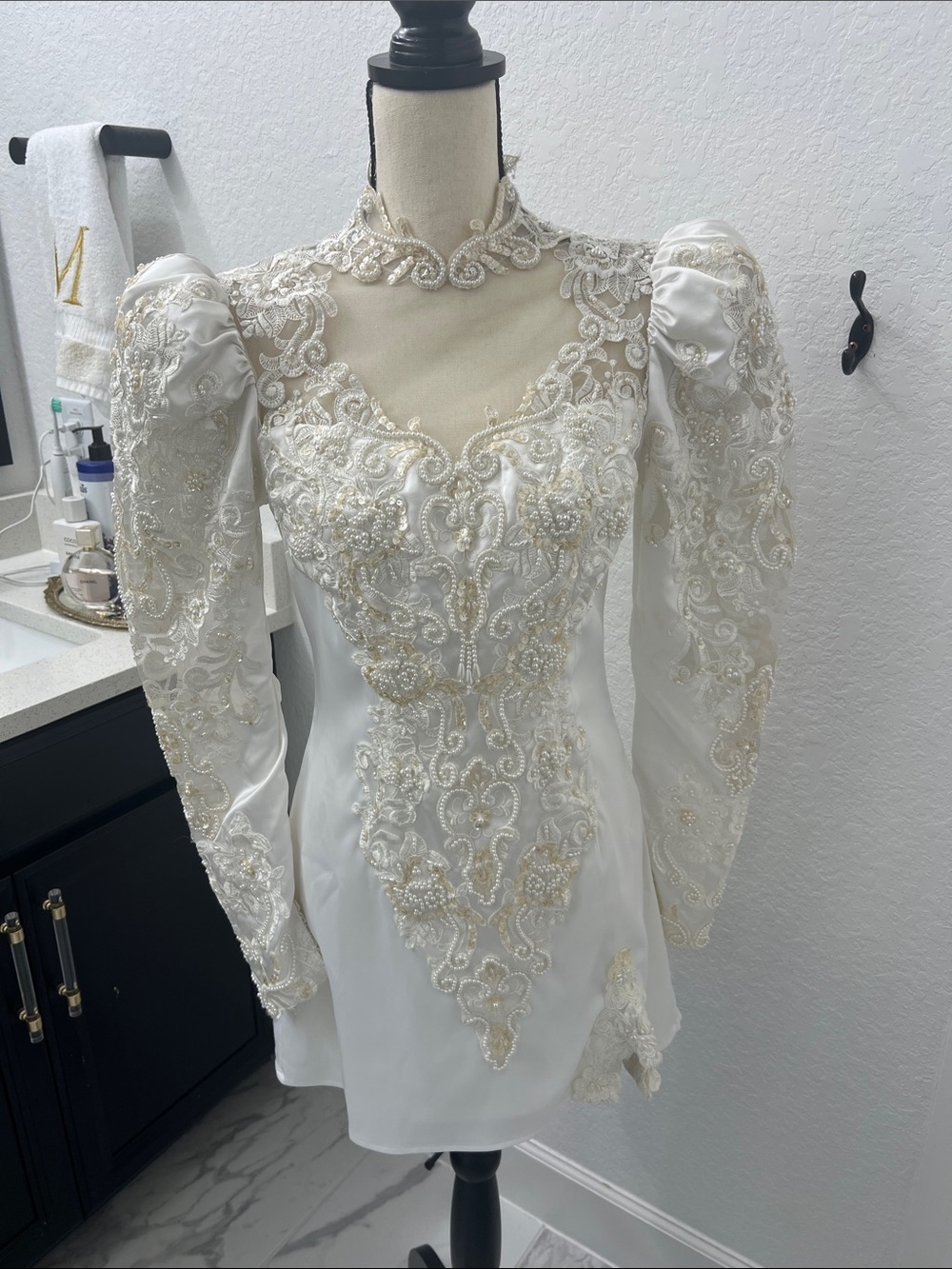 Vintage Re-Worked Ivory Beaded Long Sleeve Mini Dress